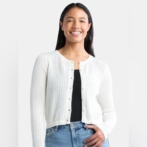 Vtg Y2K Madden NYC Women’s White Cotton Crochet Cardigan Size L Button Front